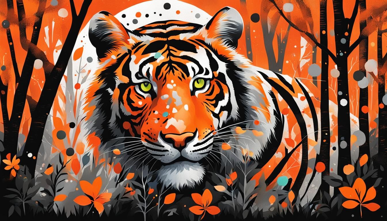 Luminous Impressionist Tiger in Abstract Forest at Night