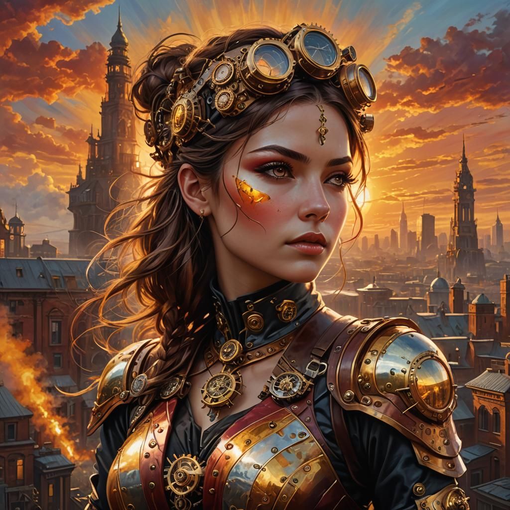 Steampunk Woman Portrait at Sunset, Hyperrealistic Art