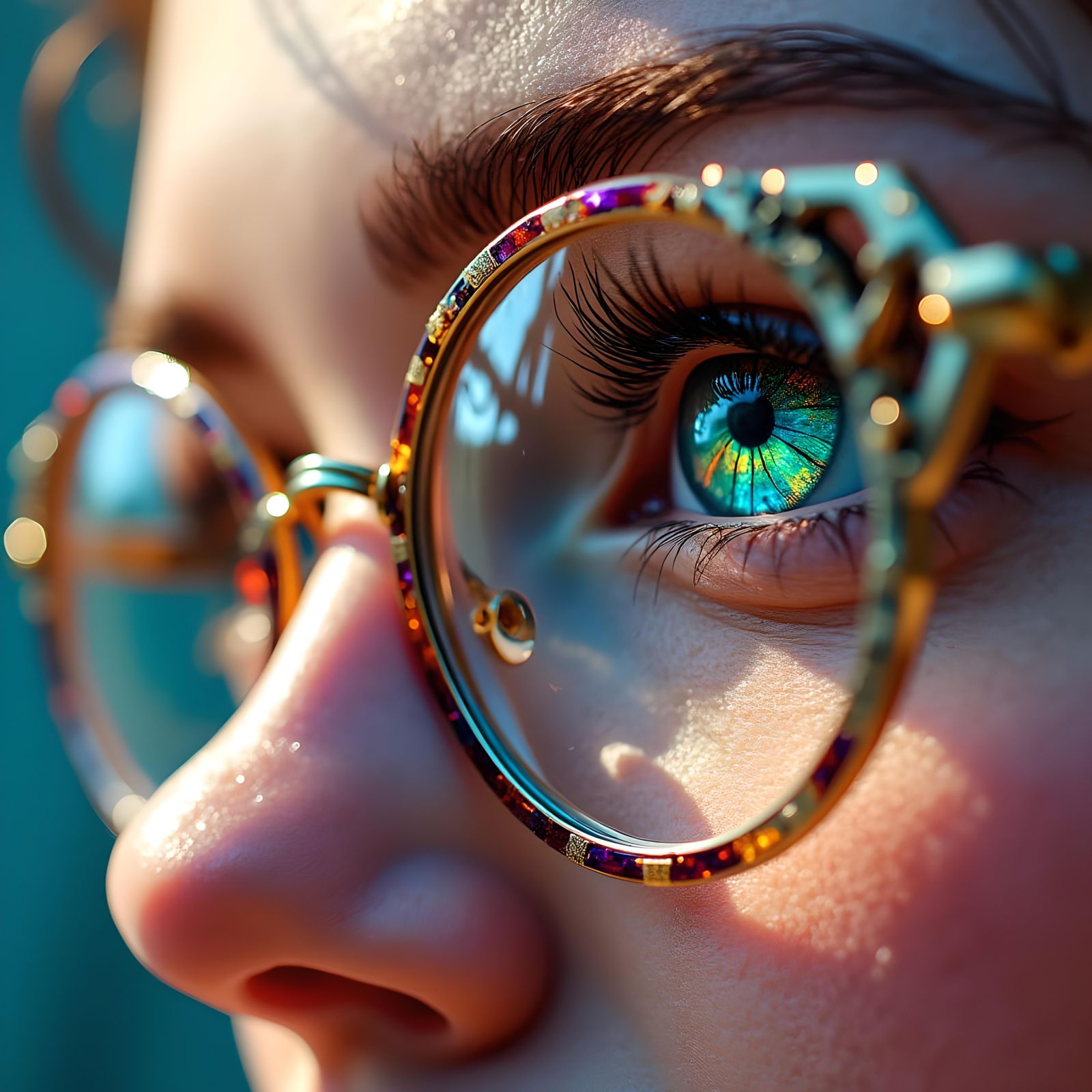 Picture of intricate pairs eyes wearing intricate glasses. T...