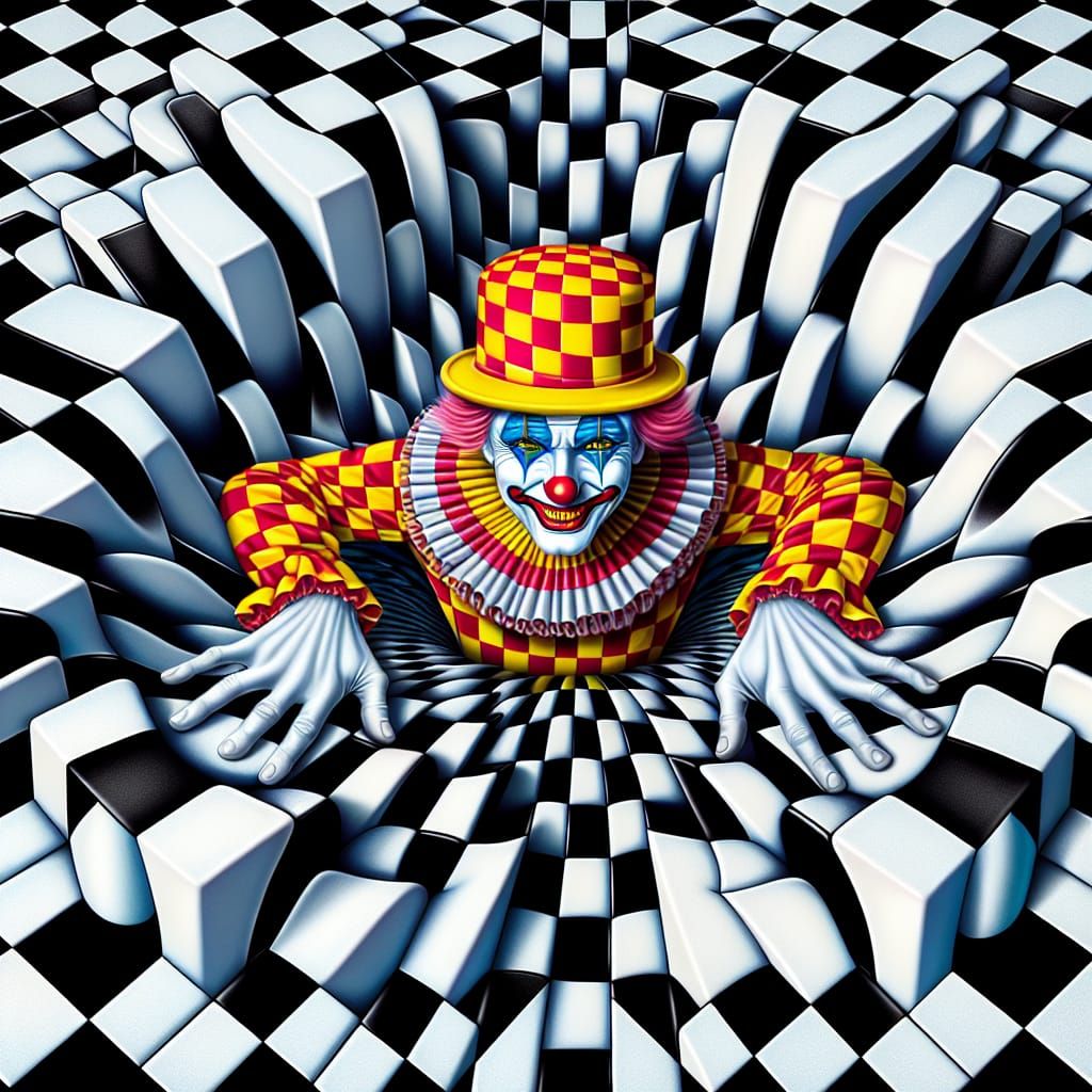 Clown Merging from Collapsing Checkered Op Art Floor