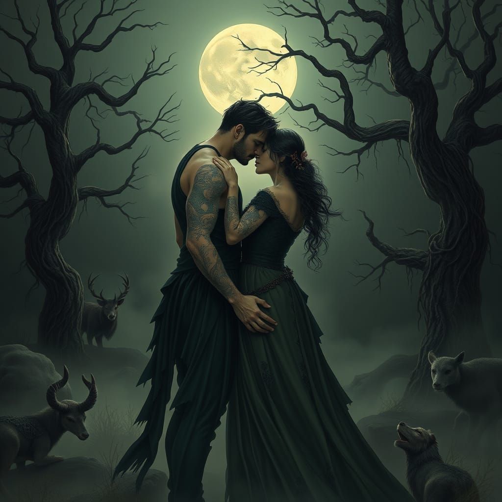 Ominous Moonlit Forest Encounter in Dark, Realistic Art