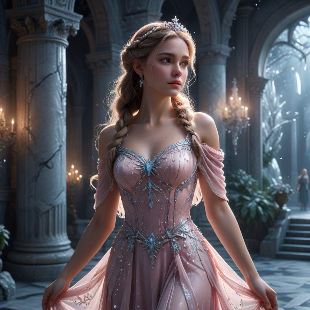 Magical Princess in Ice-Pink Gown at Fantasy Palace