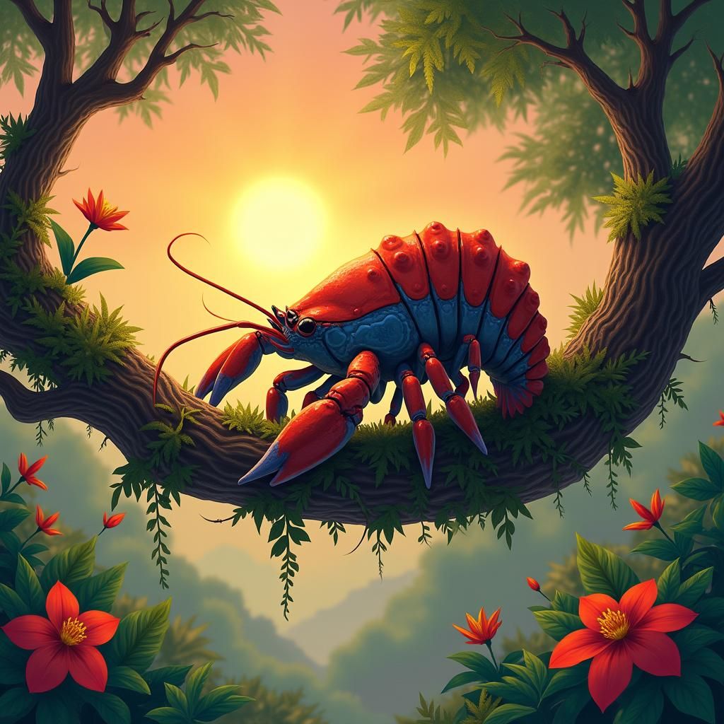 Surreal Crustacean on Branch in Dreamlike Style