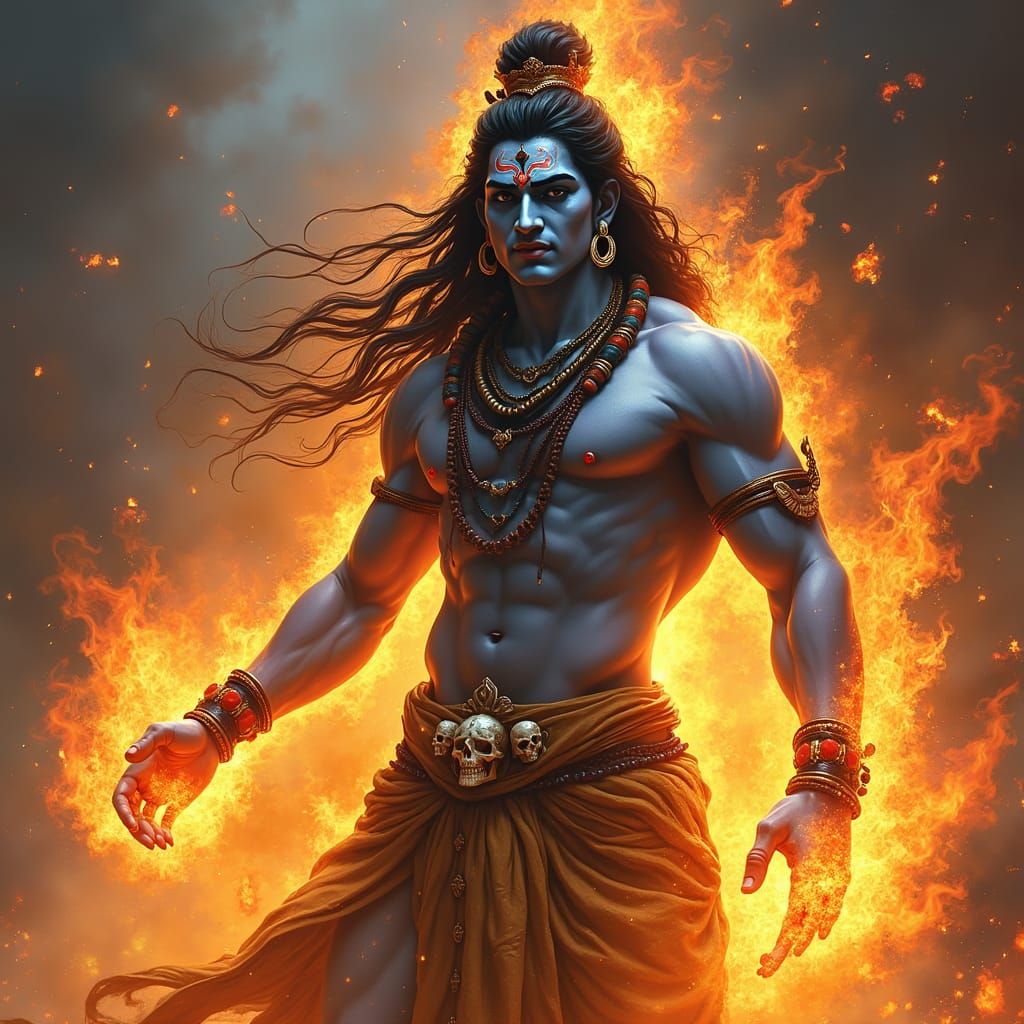 Majestic Lord Shiva in Rudra Avatar, Adorned with Sacred Fla...
