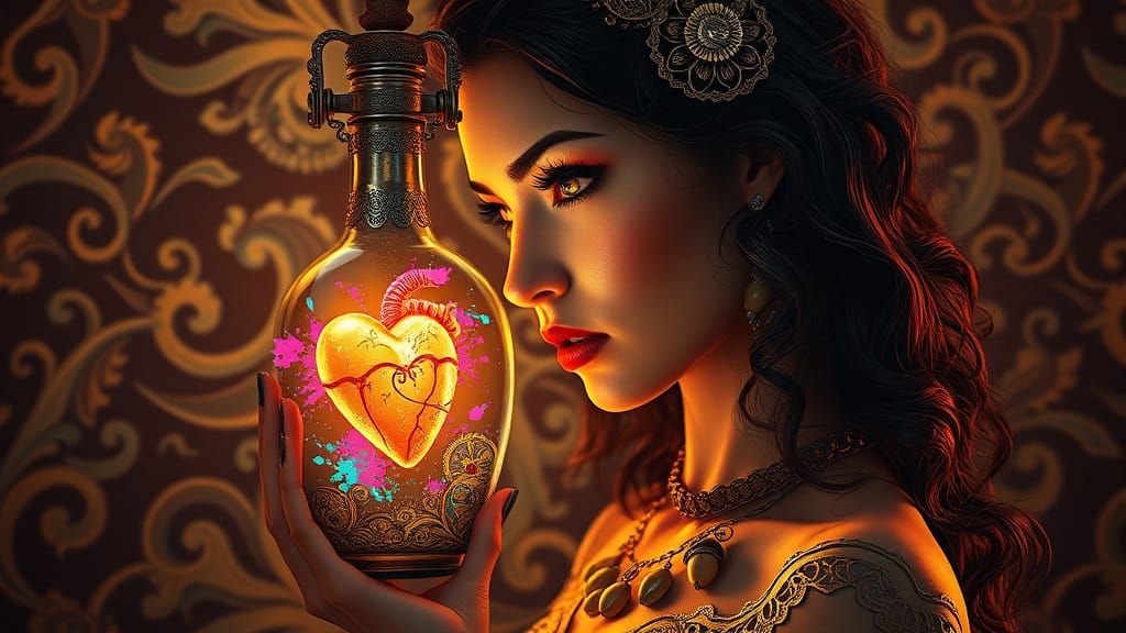 Art Nouveau Steampunk Goddess Contemplates Glowing Heart