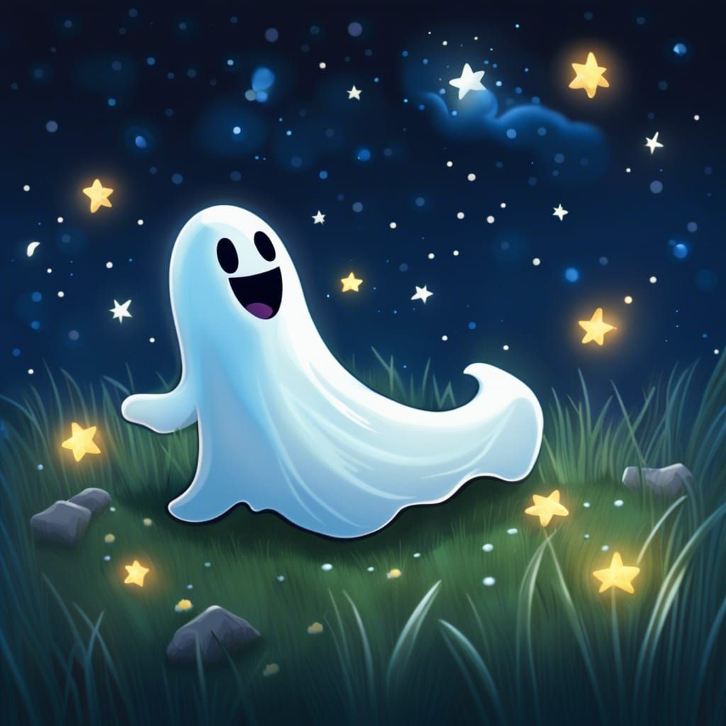 Cute Cartoon Ghost Stargazing on a Starry Night