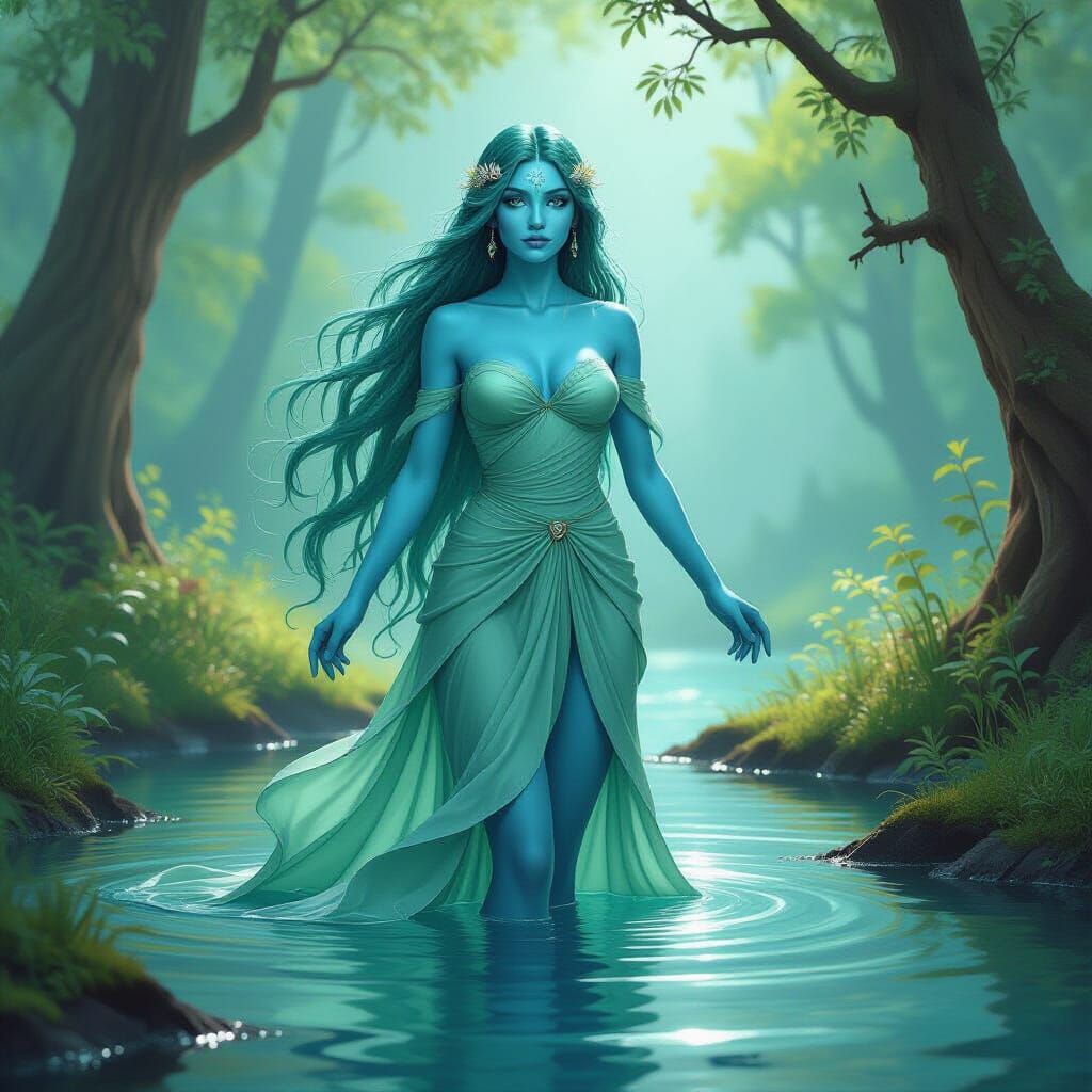 Blue-Skinned Naiad in Forest Clearing