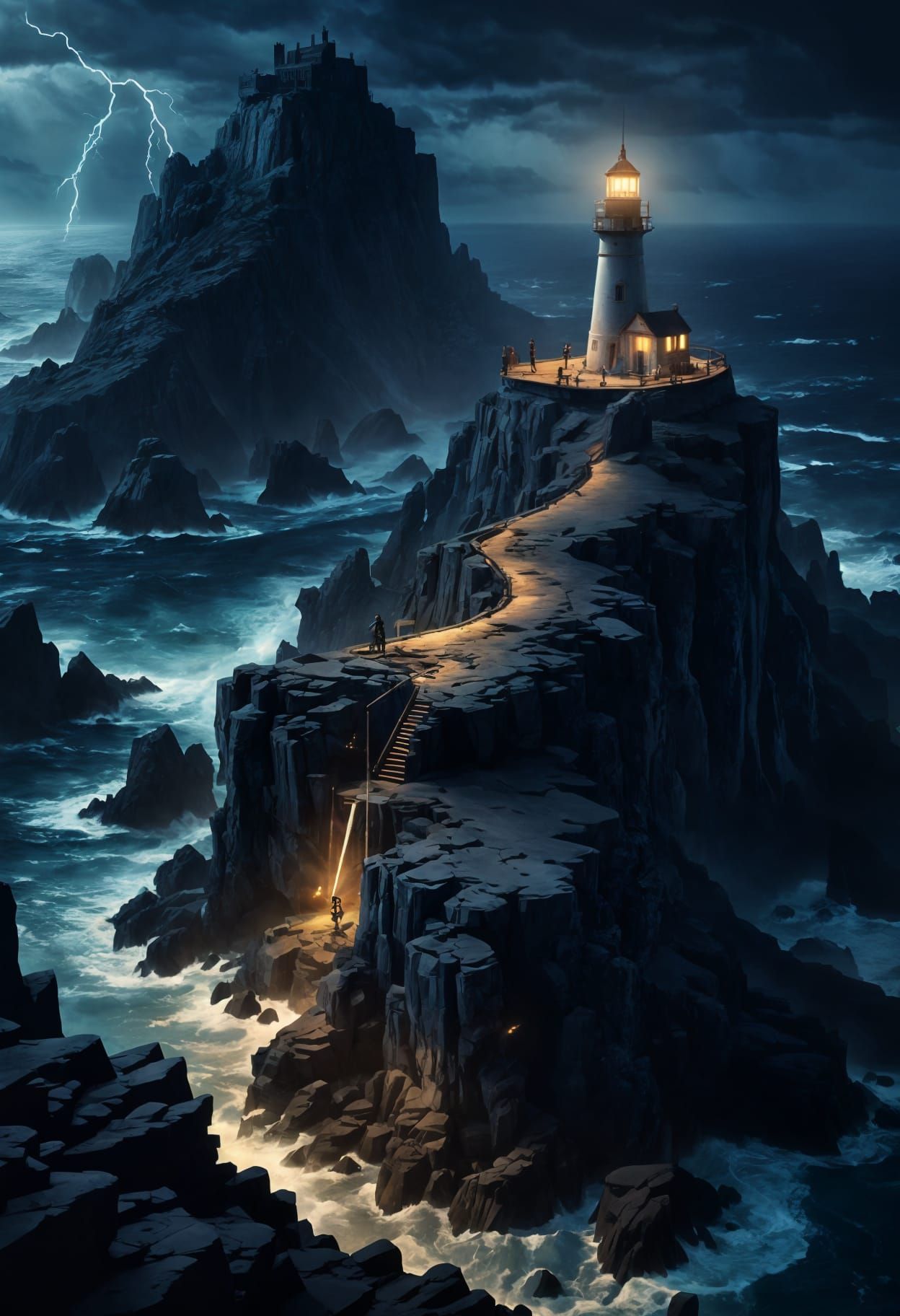 Bioluminescent Lighthouse on Stormy Coast: Digital Painting