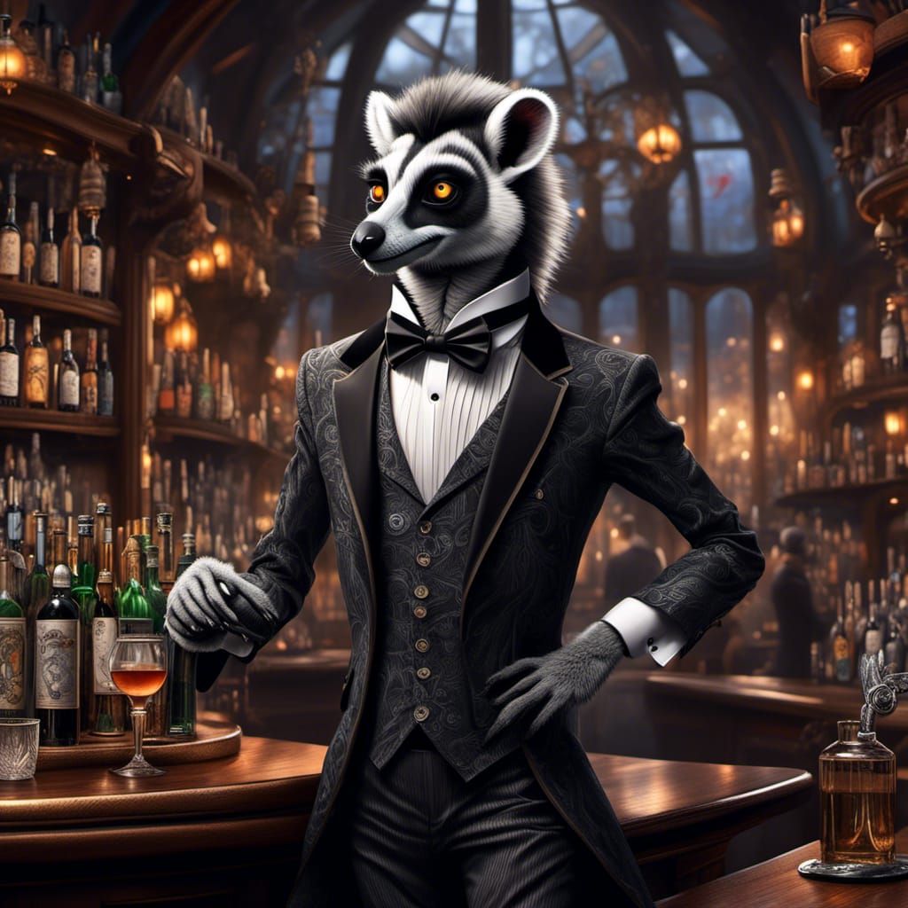 Anthro Lemur Bartender in Fantasy Pub, Ink and Pencil