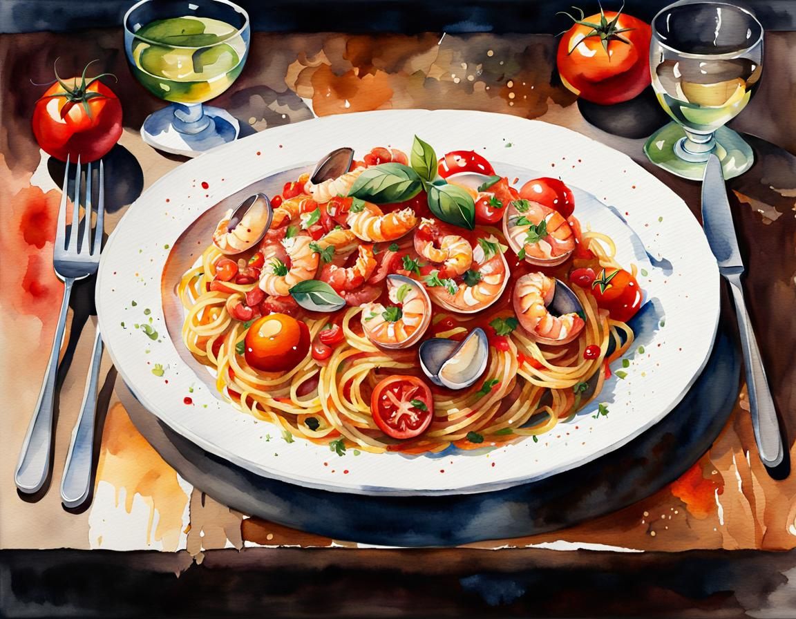 Seafood Tomato Pasta: Watercolor Painting