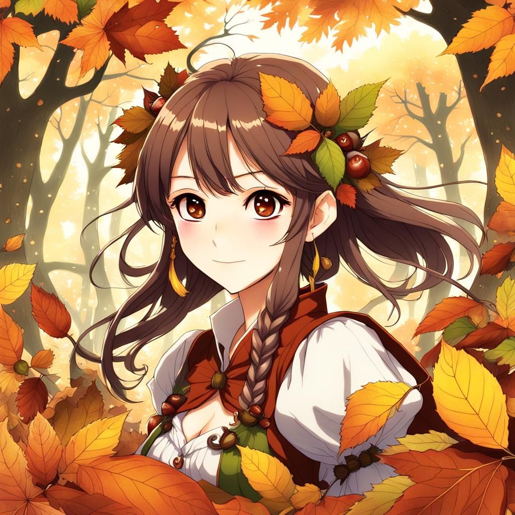 Autumn Fairy Surrounded by Leaves in Anime Style