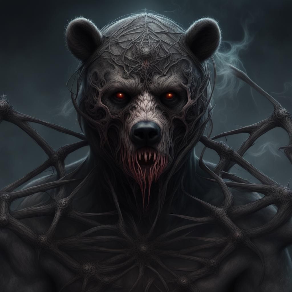 Eerie Undead Bear-Human Portrait with Spider Tattoos