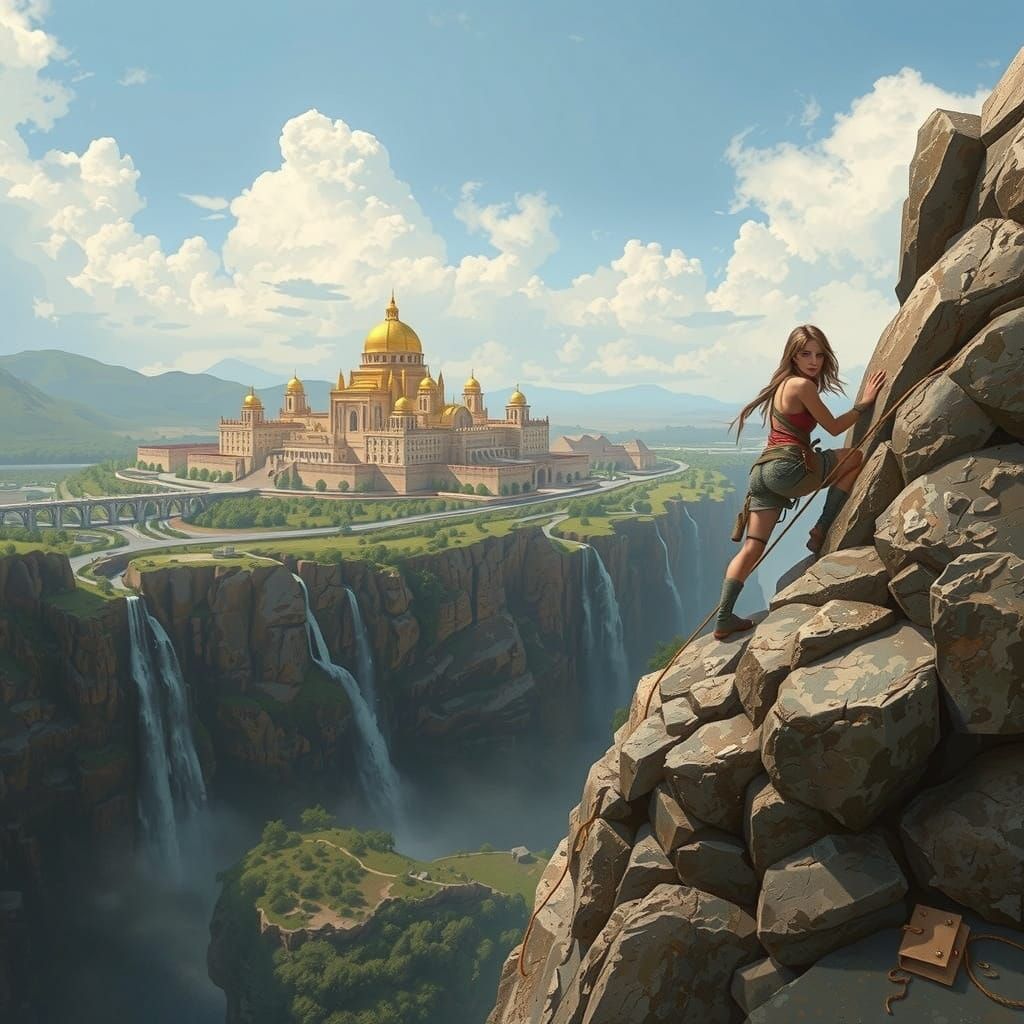 Intrepid Explorer Climbs Cliffside to Golden City