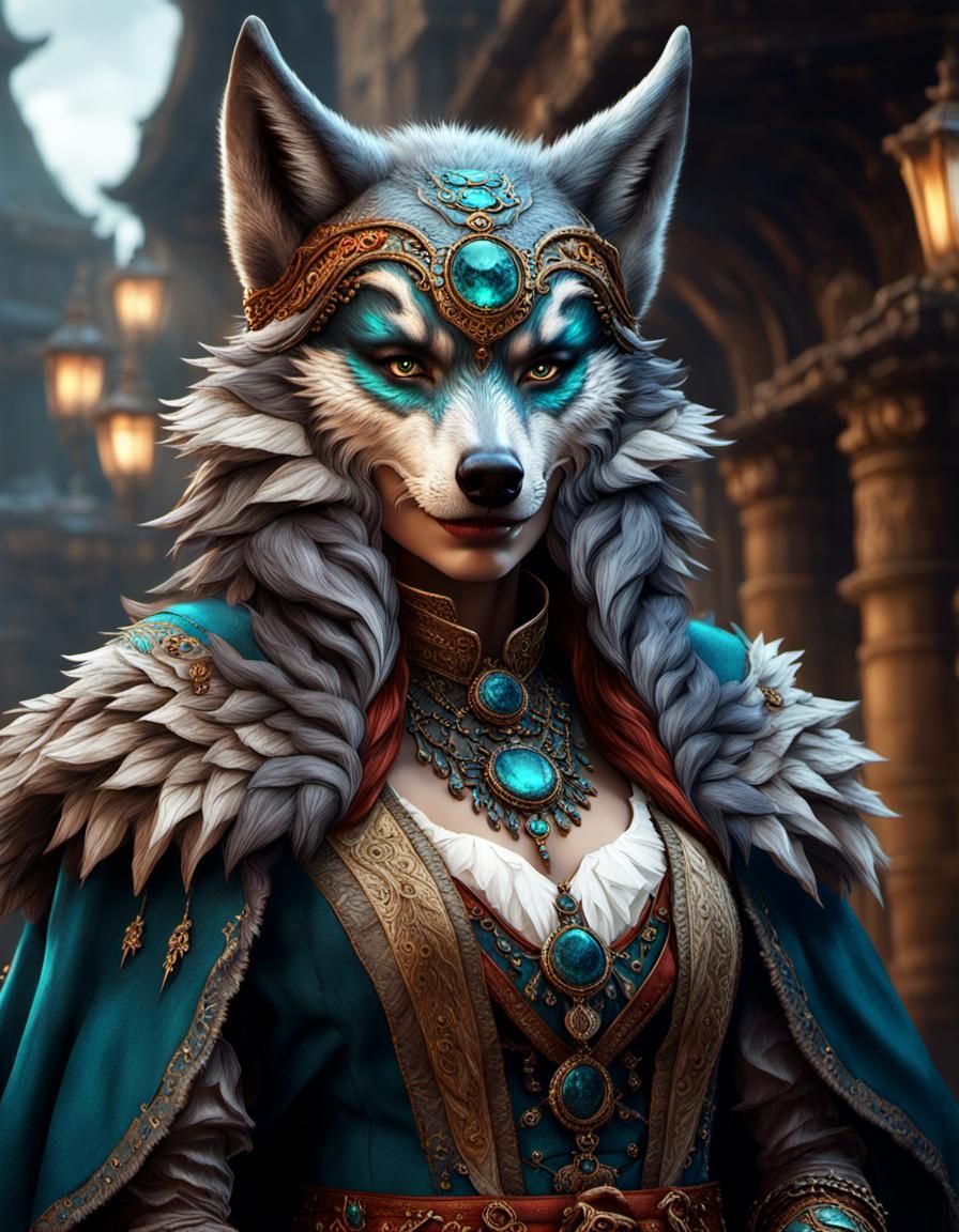 A wolf woman with wolf head,face and eyes dressed in extravagant clothes
