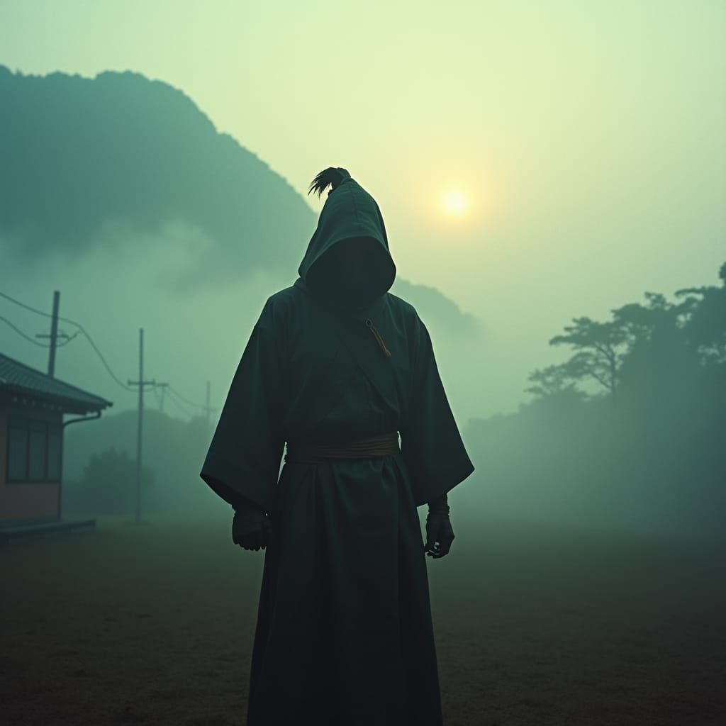 Japanese Figure in Mist, Cinematic 35mm Film