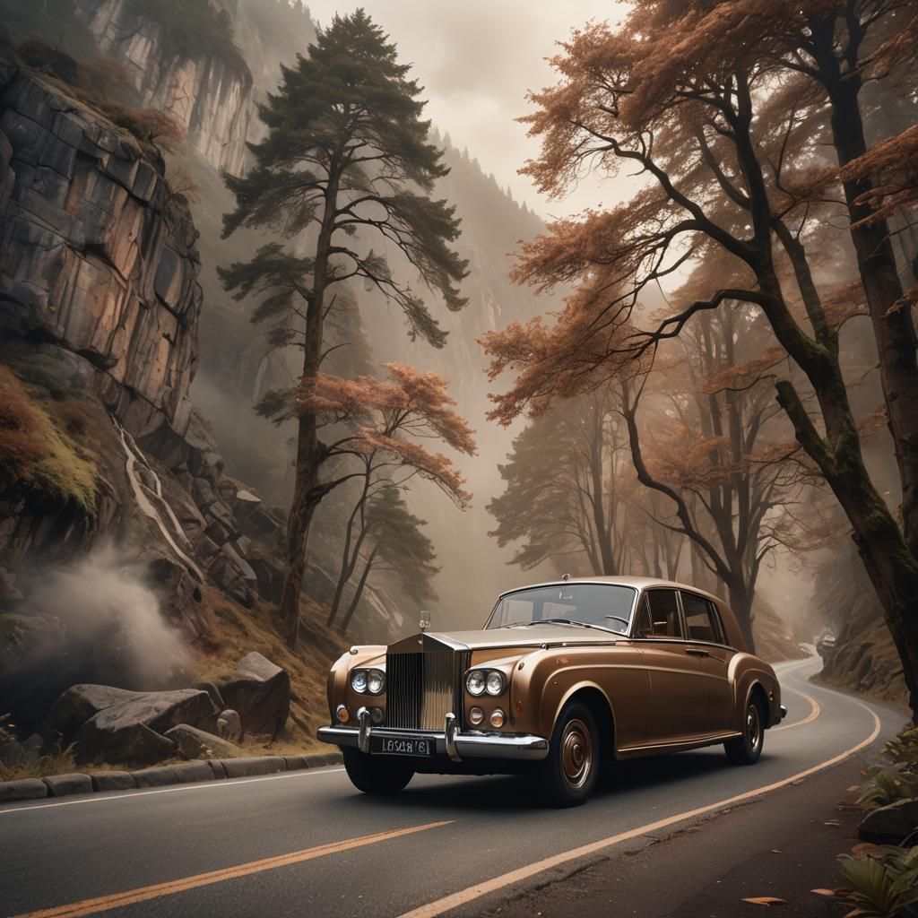 Vintage Rolls Royce on Misty Mountain Road