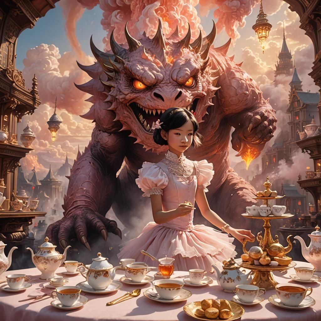 Tea Party with Lava Monster in Art Nouveau Style