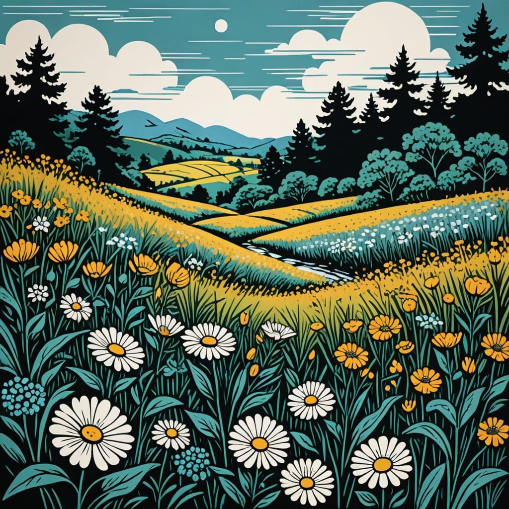 Linocut print flowers in summer breeze landscape