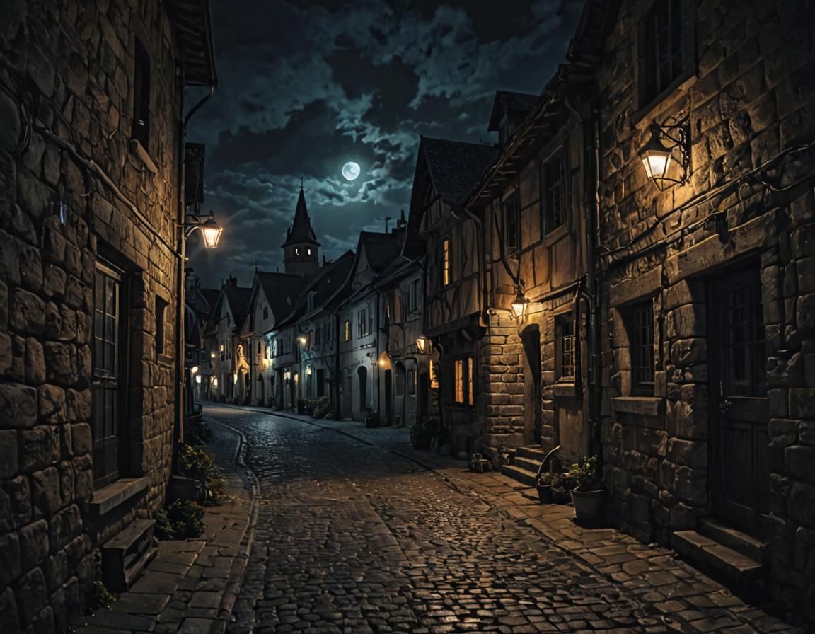 Medieval Street at Night with Mystical Lights