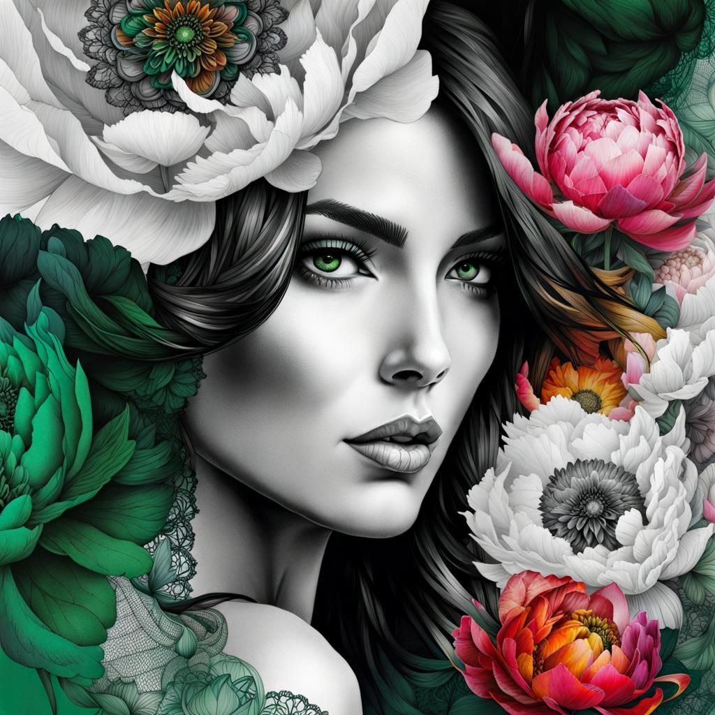 Albino Woman Portrait in Abstract Collage Art Style