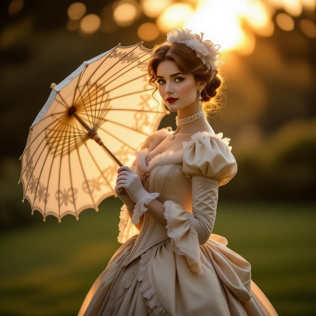 Victorian Woman with Parasol in Golden Hour Light