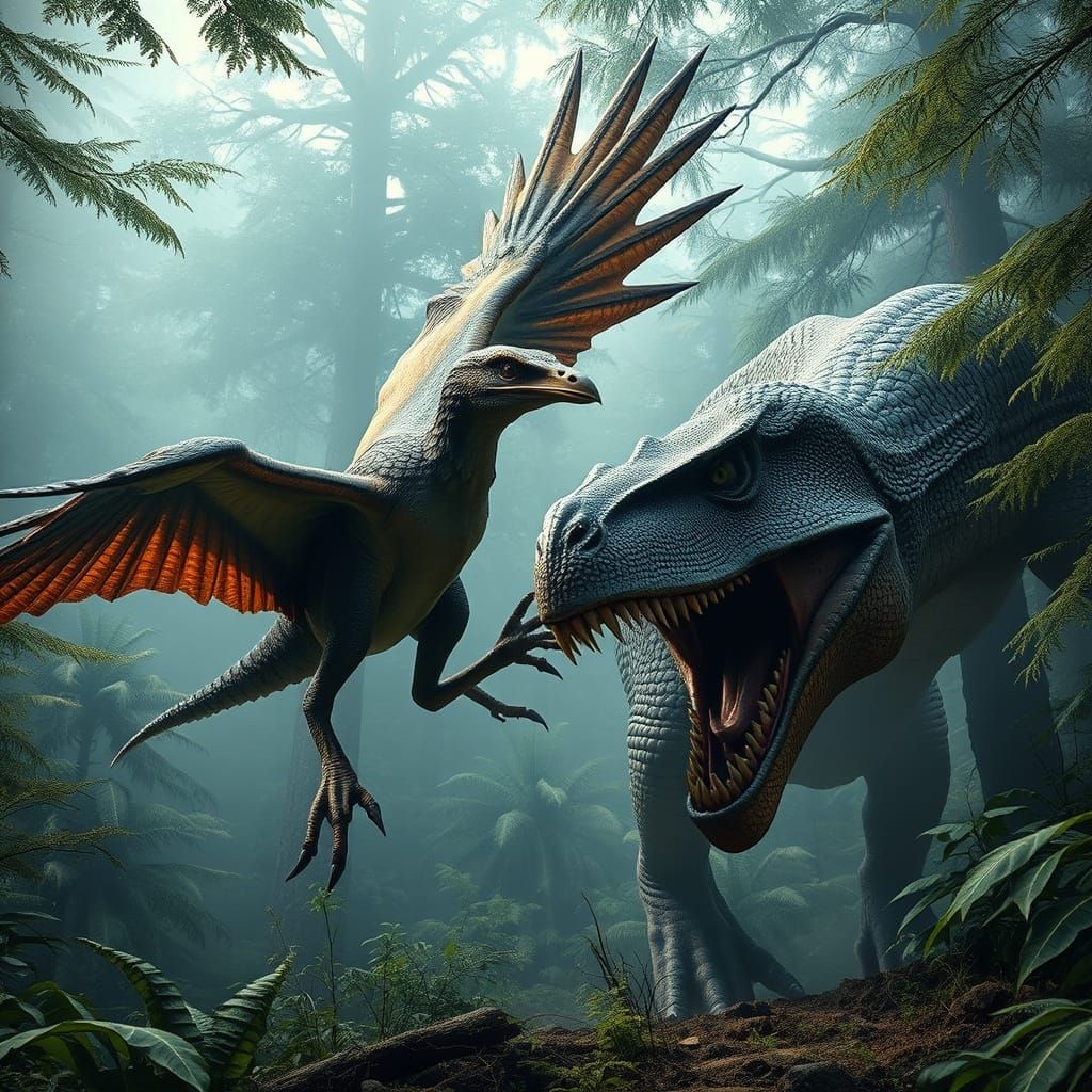 Majestic Archaeopteryx Battles Ancient Megalosaurus in Lush ...