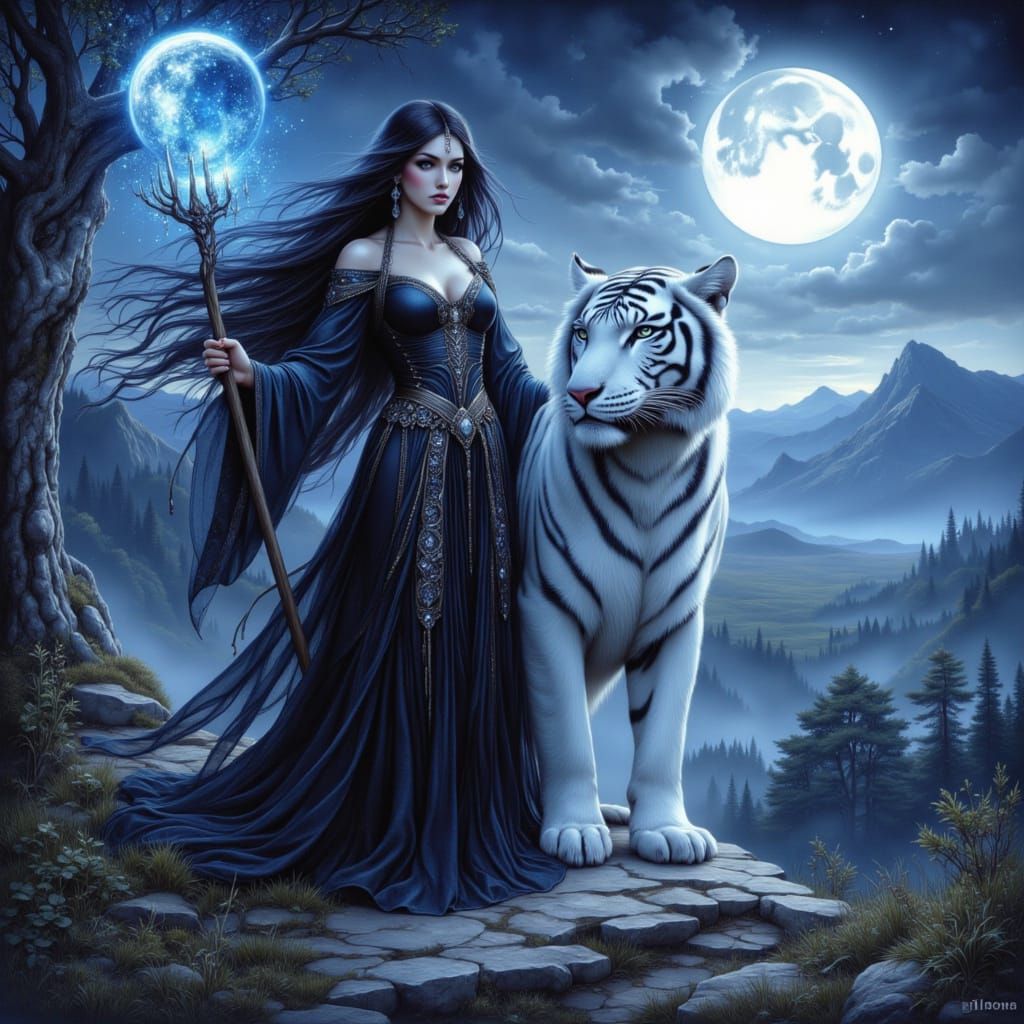 Witch and White Tiger on Moonlit Cliff