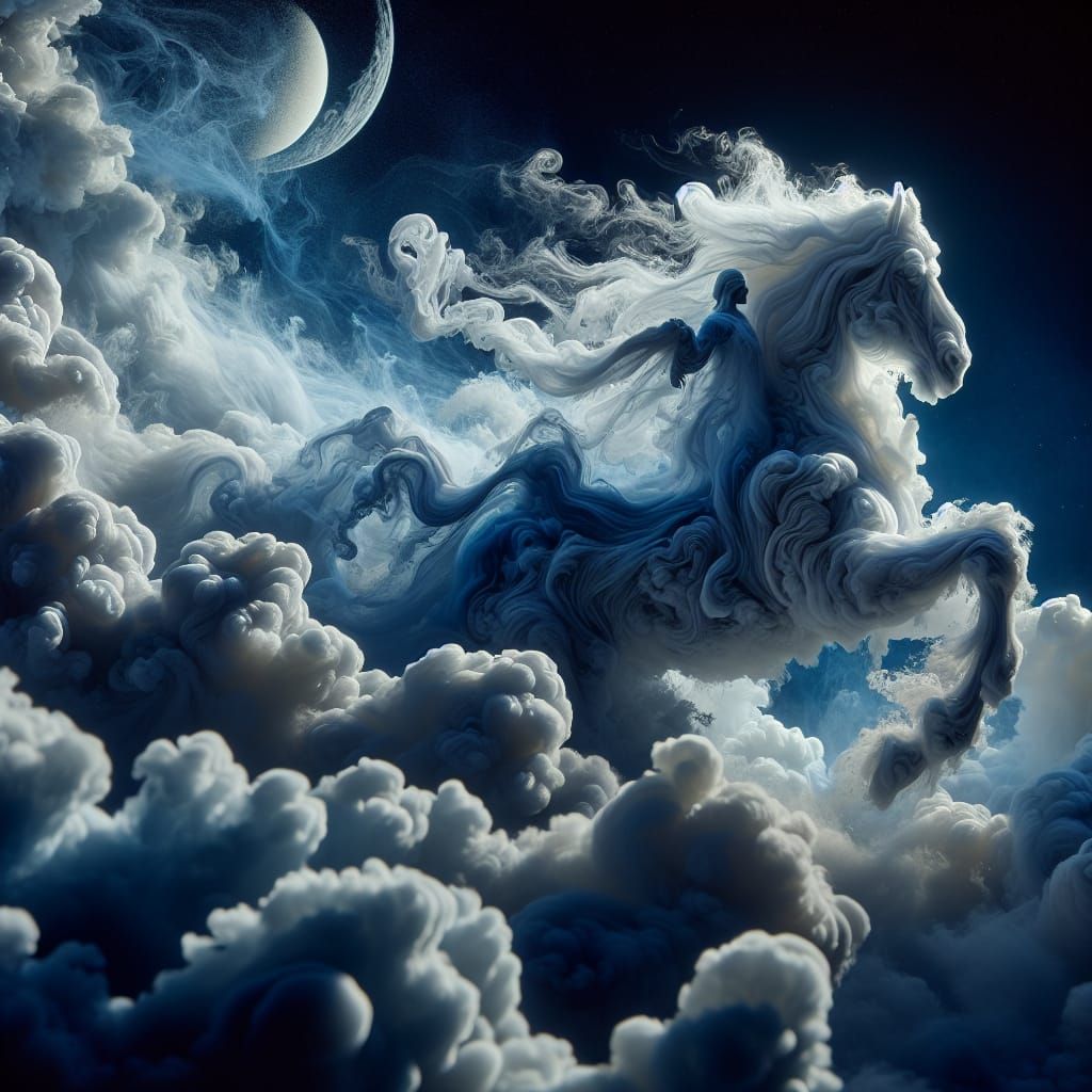 Ethereal Horse Rider Emerges from Smoke in Dreamscape