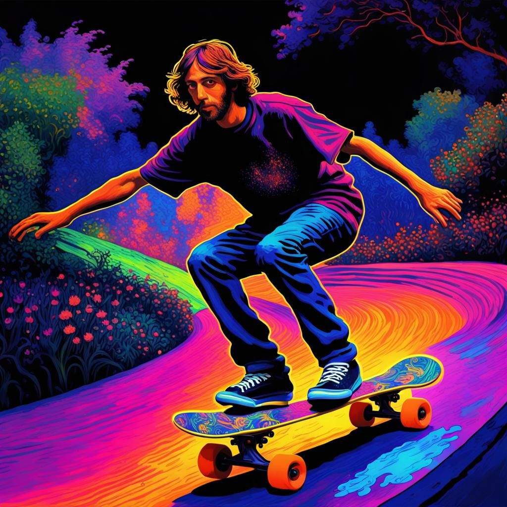 Fluorescent Skateboarder in Vibrant Blacklight Art