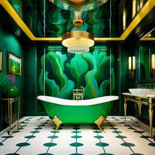 Luxurious Golden Water Closet in Green-Tiled Room