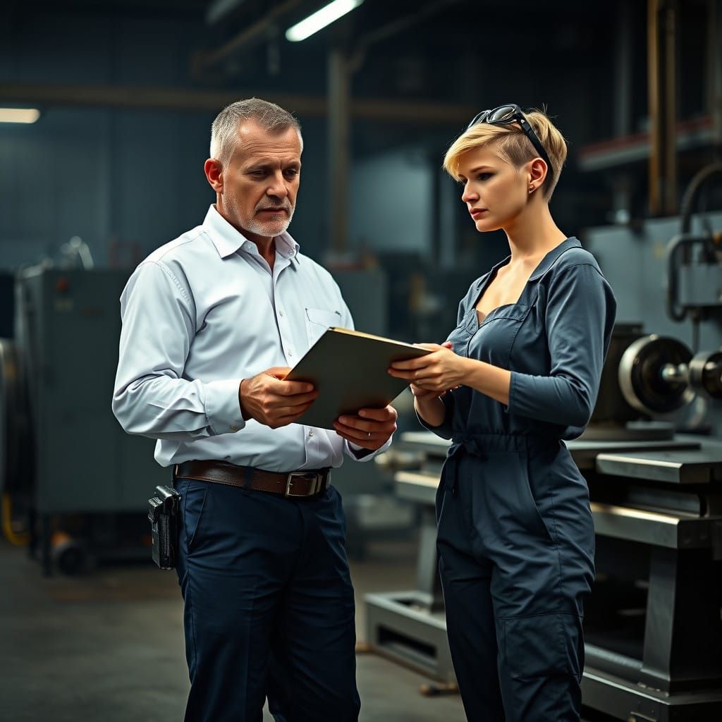 Consultant in a Mechanical Production Scene with a Lathe