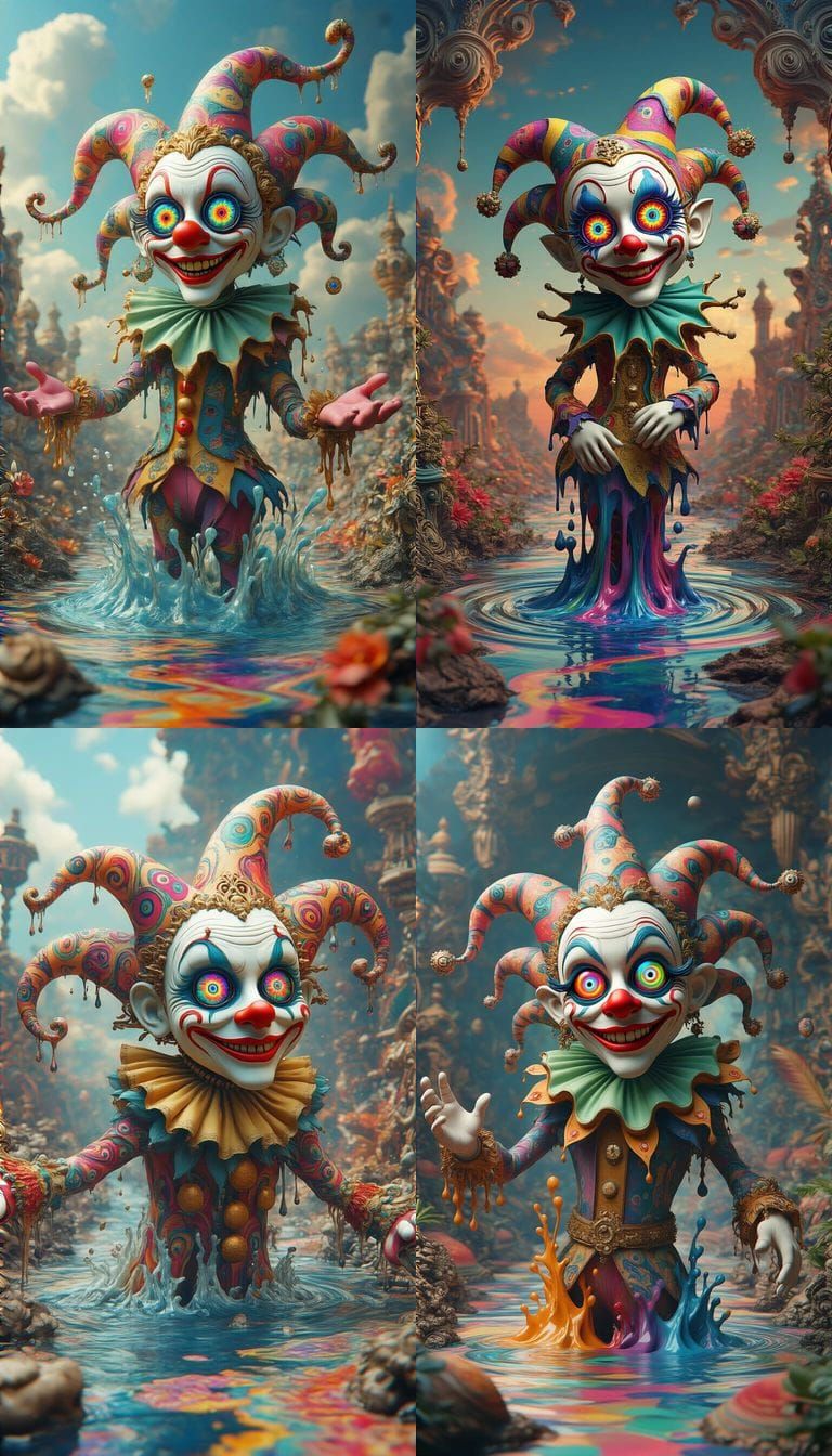 Surreal 3D Jester with Kaleidoscope Eyes in Glitch Art Style