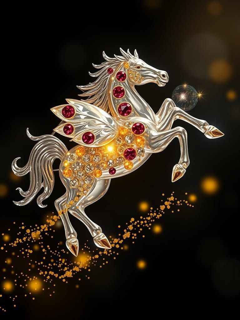 Dynamic Soaring Horse Brooch with Crystal Petals