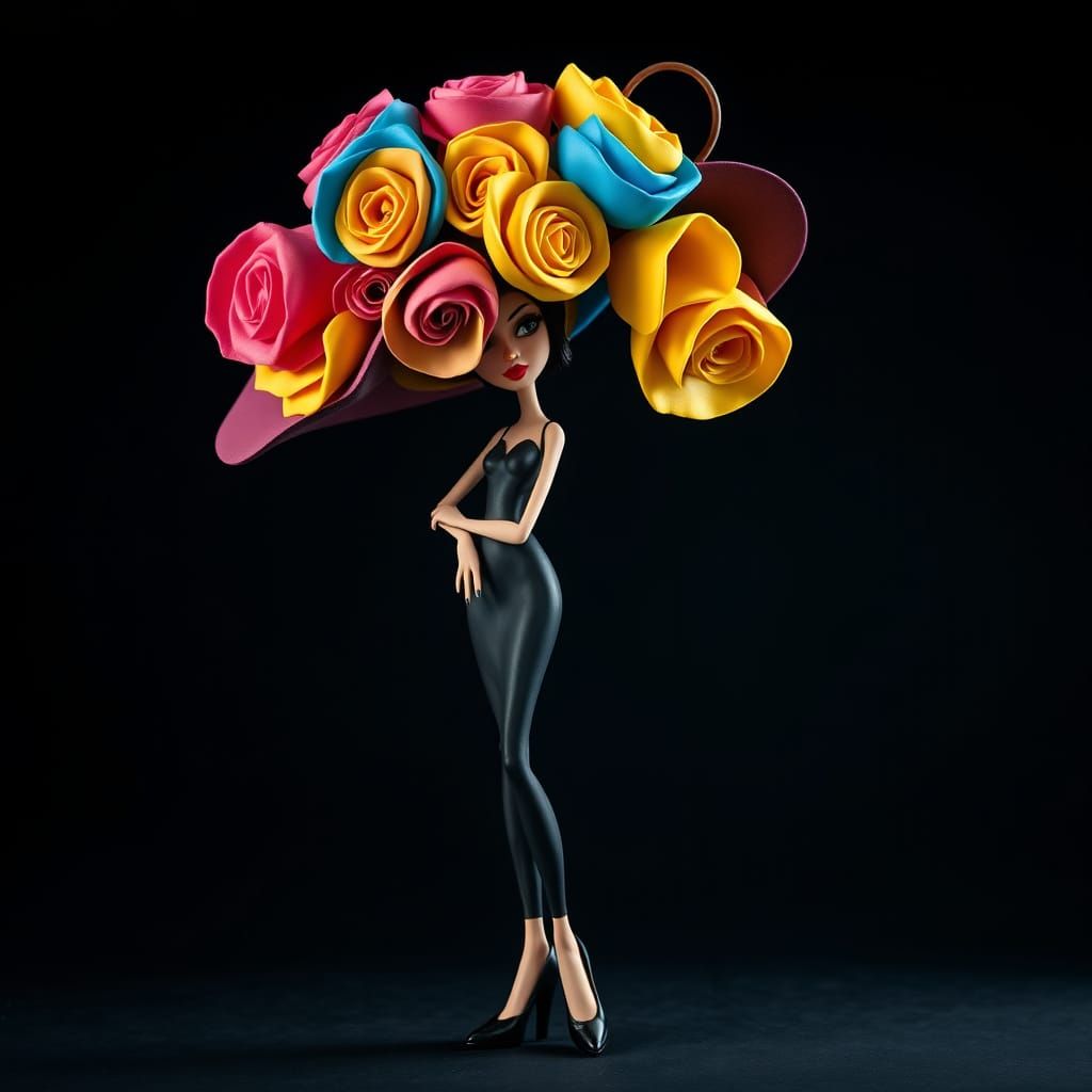 Glamorous Claymation Siren in Vibrant Rose-Hued Hat