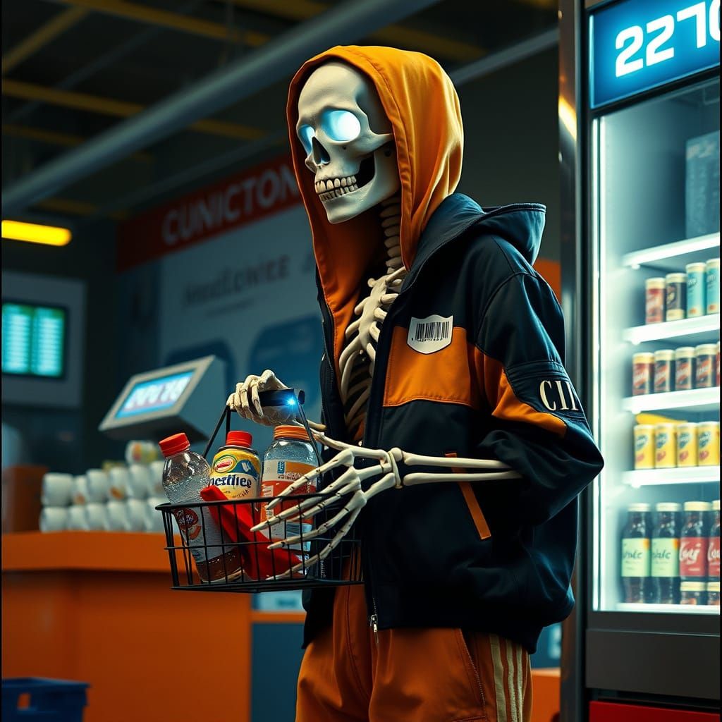 Elegant Skeleton at Retro-Futuristic Cash Register