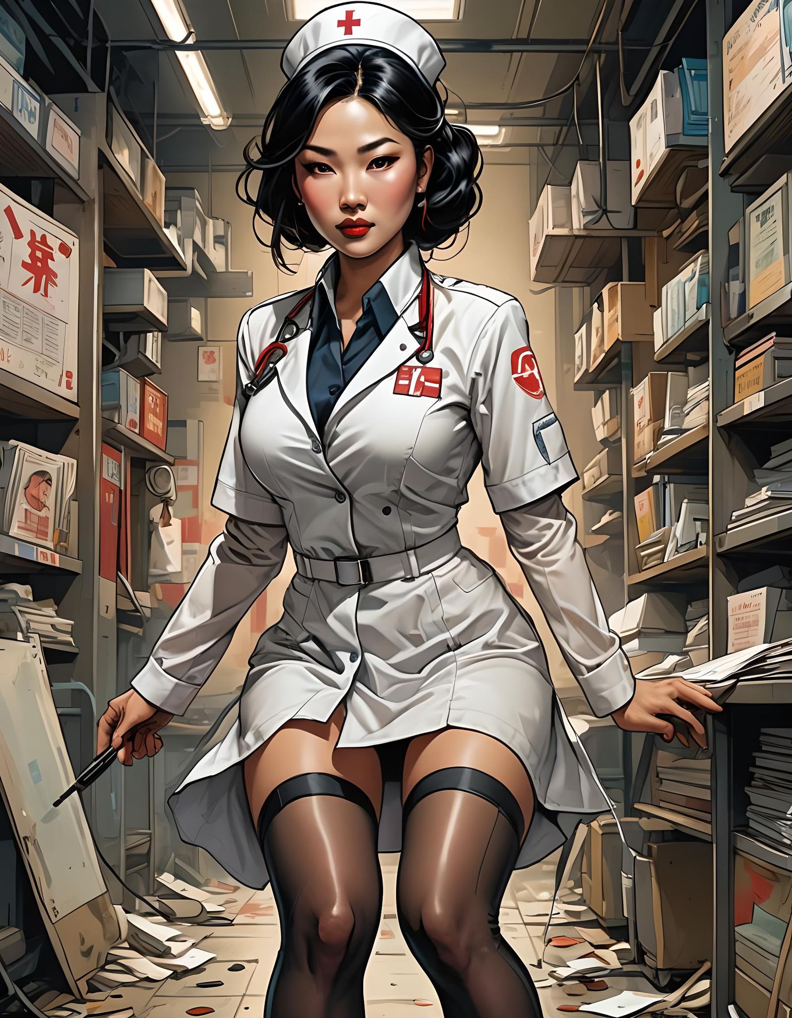 Beautiful asian lady, nurse underwear hosiery