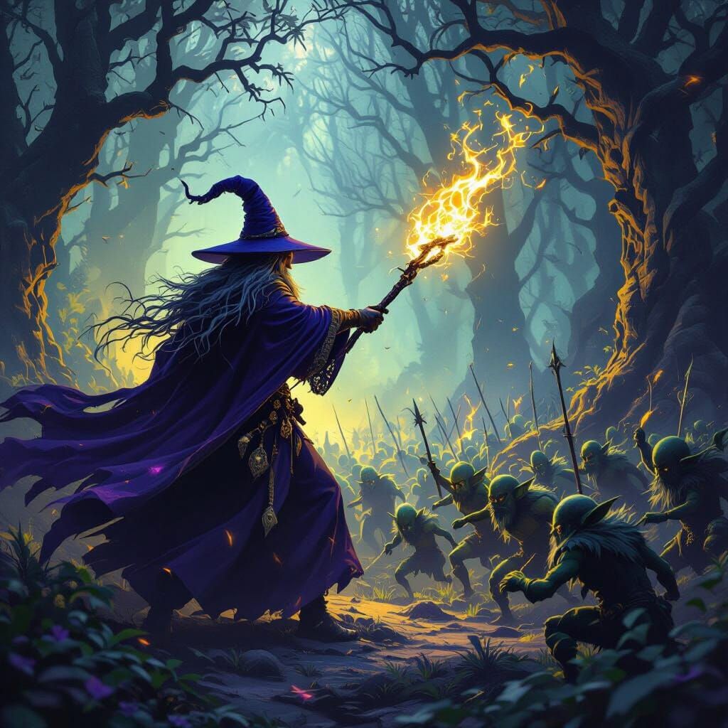 Wizard Attacks Goblins in Dark Fantasy Forest