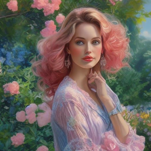 Impressionist Oil Painting of Woman in Pink Dress