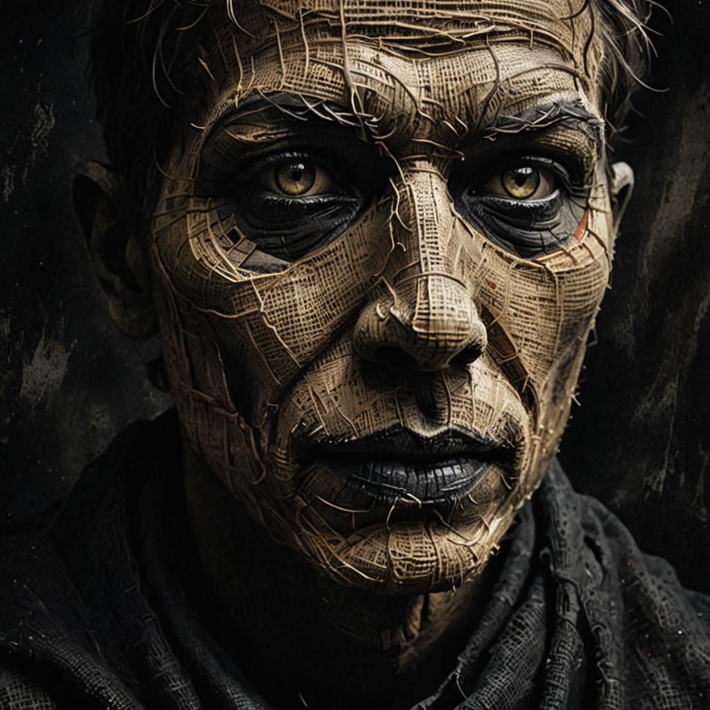 Primitivist Horror Portrait with Burlap Face