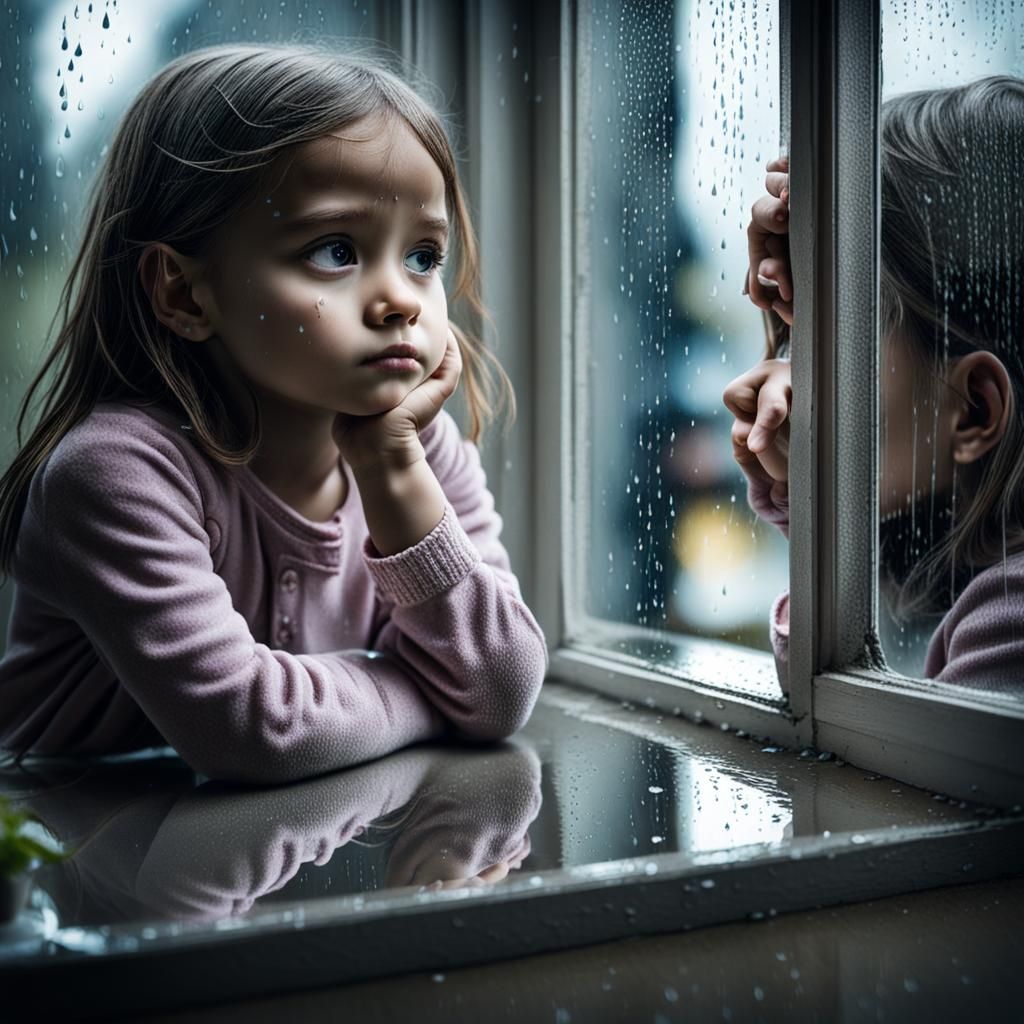 Sad little girl sitting at a window looking out at the rain ...