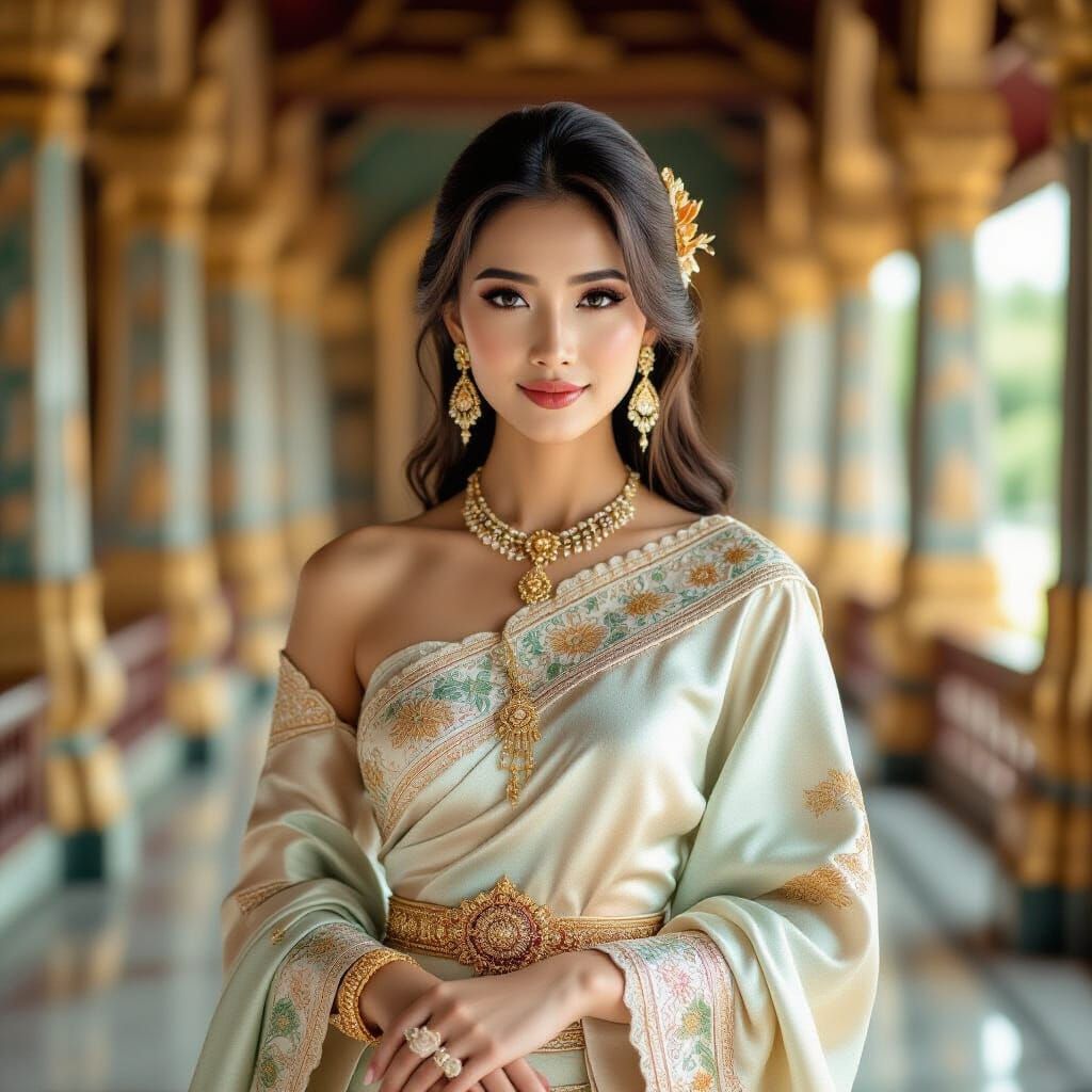 Thai Woman in Luxurious Silk Dress with Golden Embroidery