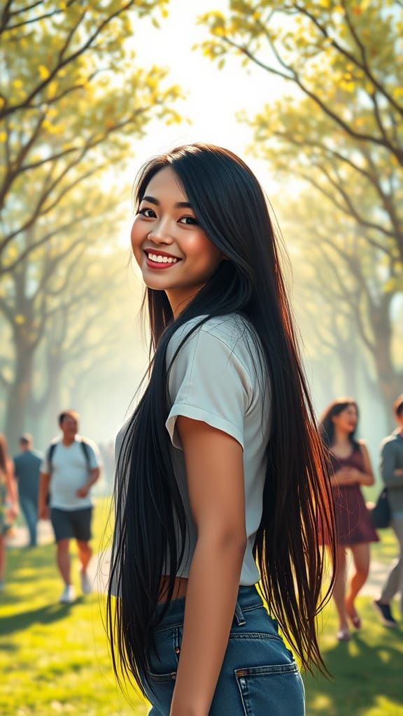 Radiant Woman in Park: A Photorealistic Portrait