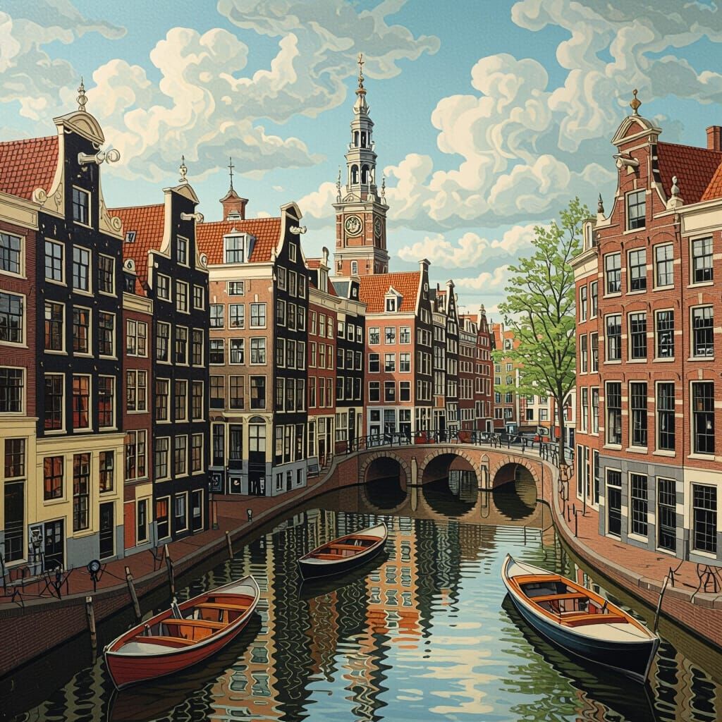 Amsterdam Canals in Lithographic Style