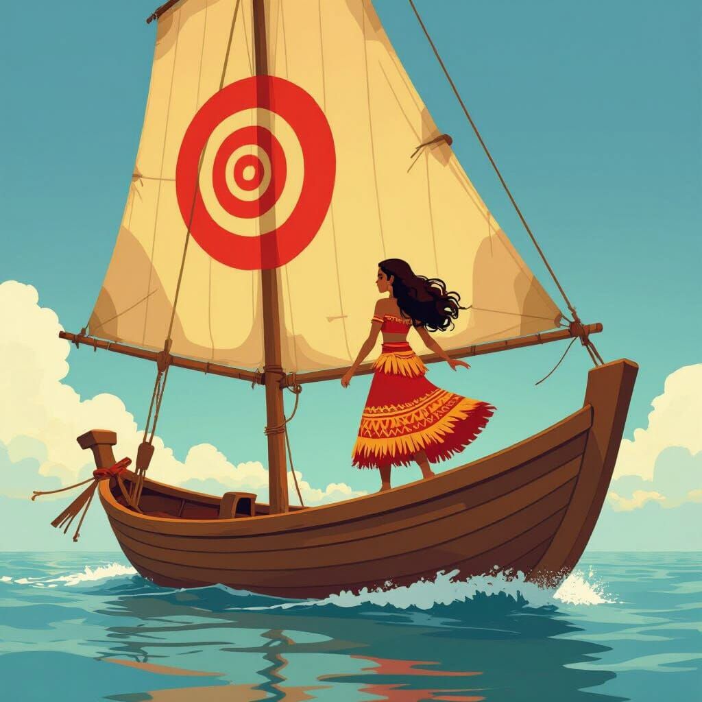 Woman in Tapa Cloth Stepping Off Sailboat in Cartoon Style