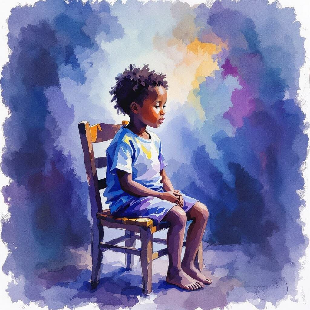 Abstract Watercolor Portrait of African Child in Blue and Pu...