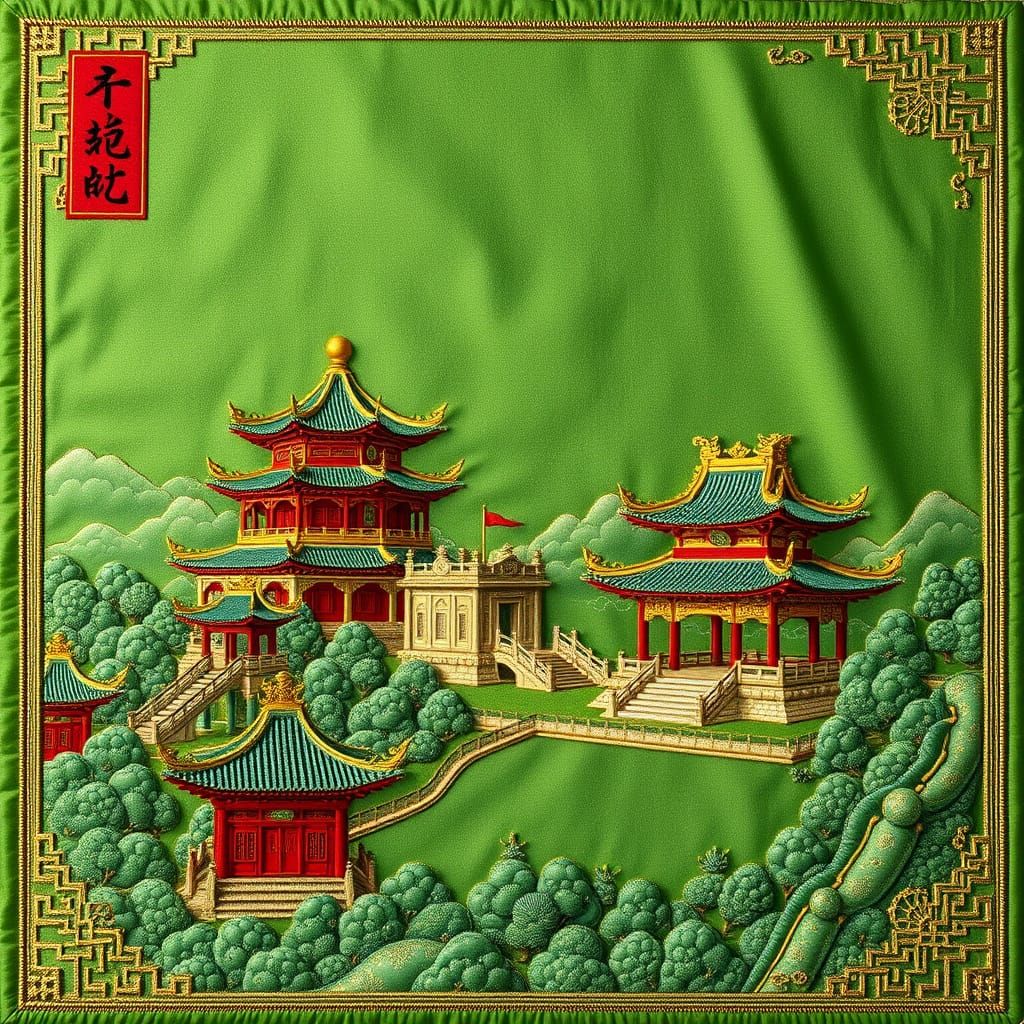 Ornate Chinese Imperial City in Cross Stitch Style