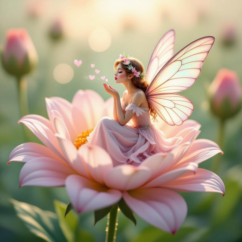 Fairy in Blossom Blowing Kisses, Luminous Digital Art