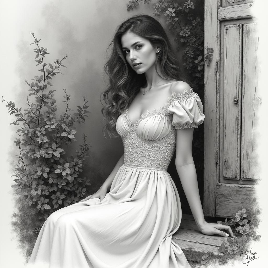 Elegant Woman in Charcoal Sketch Drawing