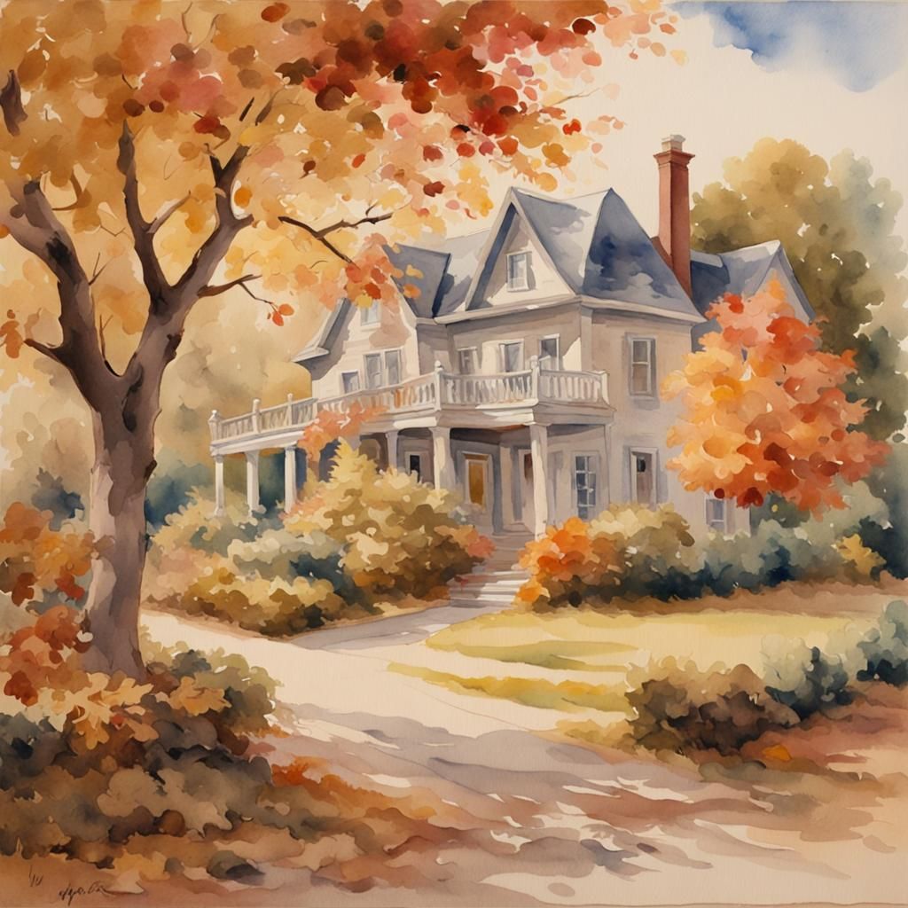 Autumn Landscape in Antique Watercolor Style