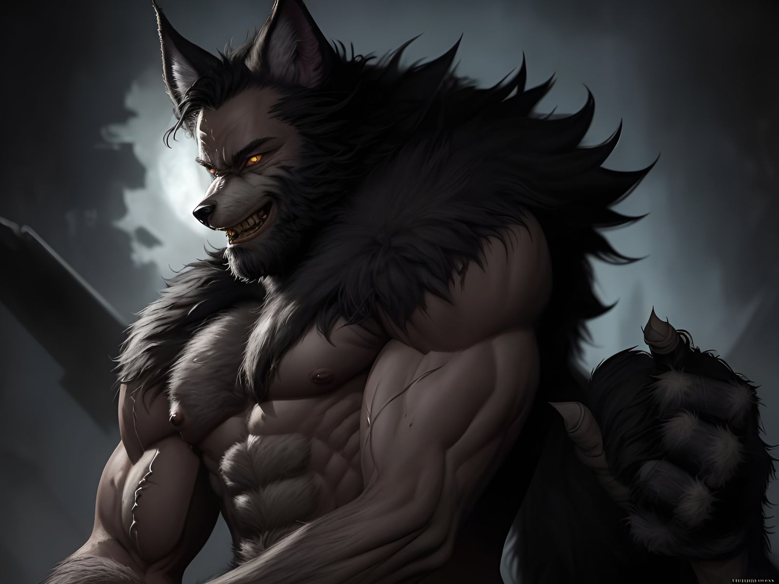 Fuzzy Werewolf Lycanthrope Portrait in Razorpunk Style